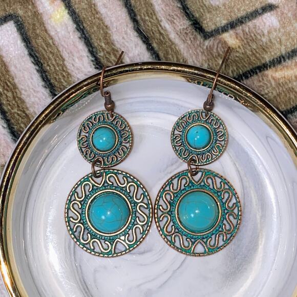 Ornate New Tribal Turquoise Native Aztec Boho Rustic Earrings Dangle Patina‎ - Picture 1 of 1